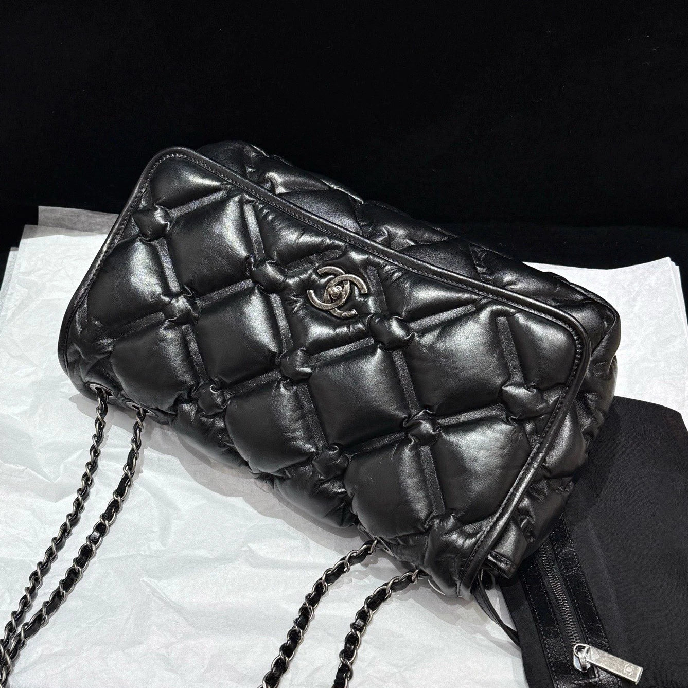 Chanel Classic Flap Jumbo Calfskin Chain Shoulder Bag Black Silver Women Diamond