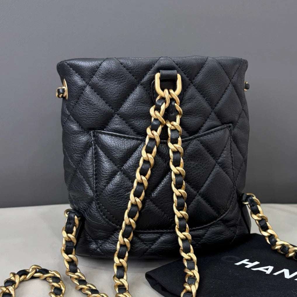 Chanel Diamond Calfskin Chain Backpack Black Gold Women Classic