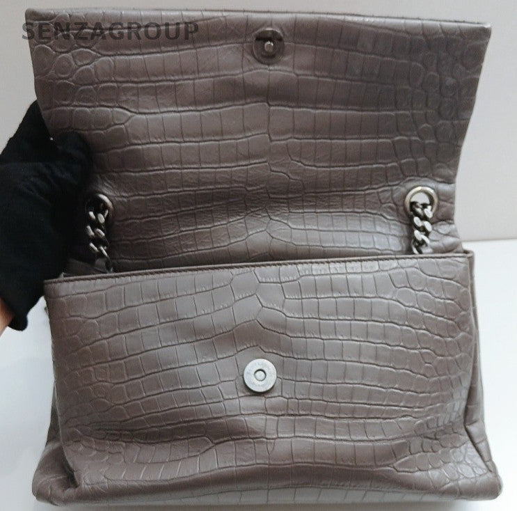 Saint Laurent Calfskin Chain Shoulder Bag Gray Silver Used Women Classic