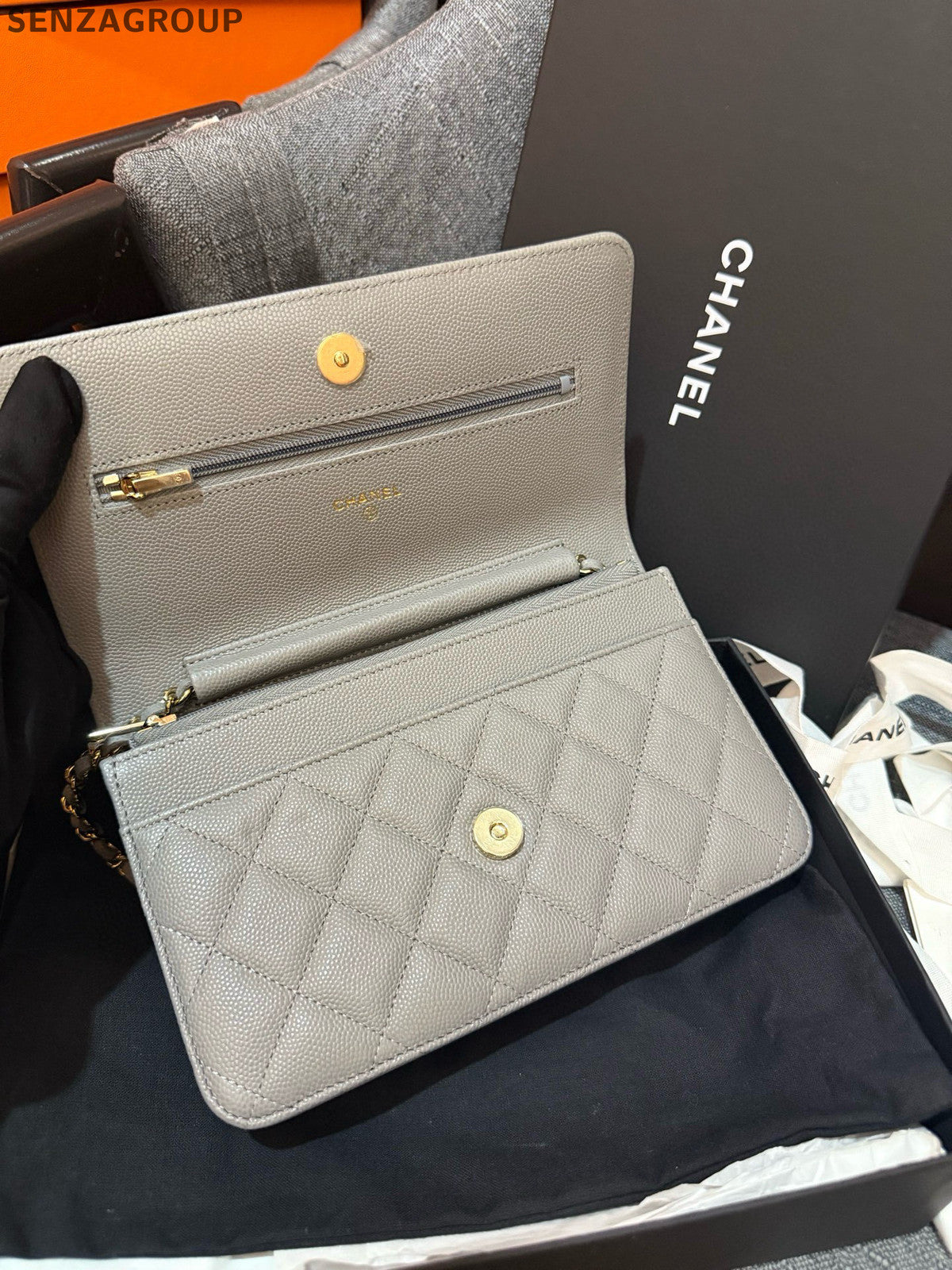 Chanel WOC Calfskin Chain Shoulder Crossbody Bag Grey Gold Classic Fashion