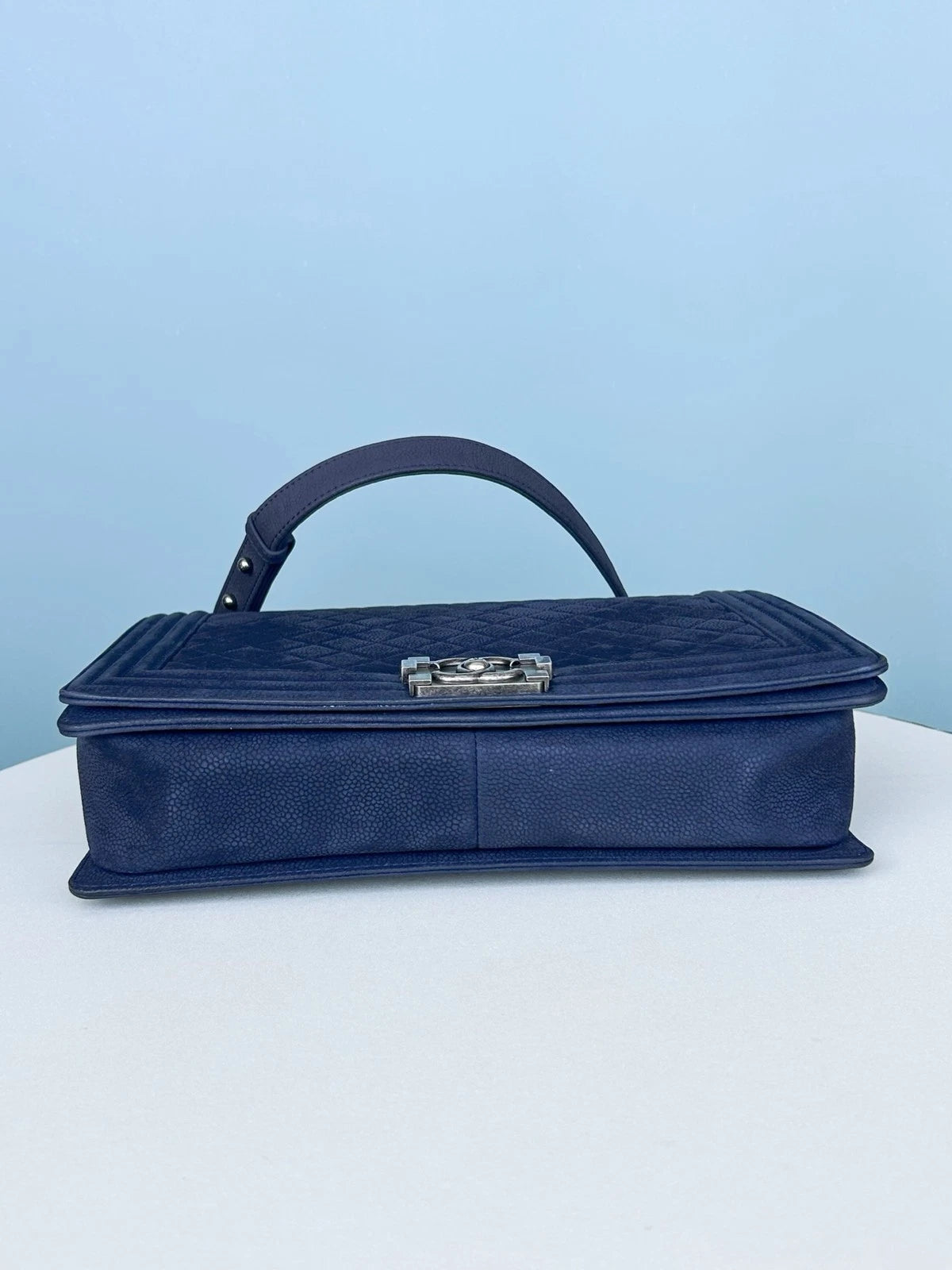 Chanel Leboy GM Calfskin Chain Shoulder Bag Crossbody Blue Silver Women