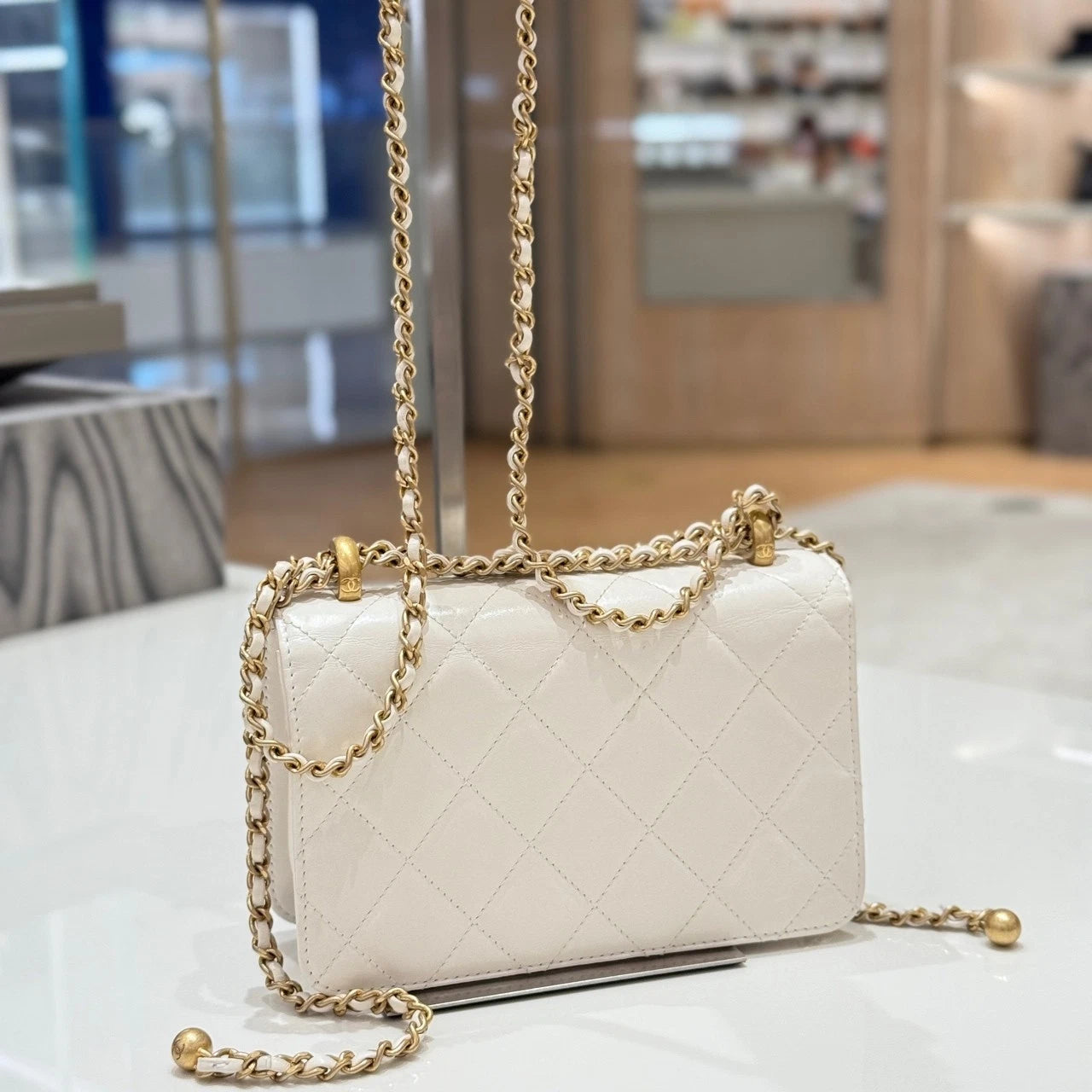 CHANEL White Leather Double Gold Ball Flap Shoulder Bag For Women
