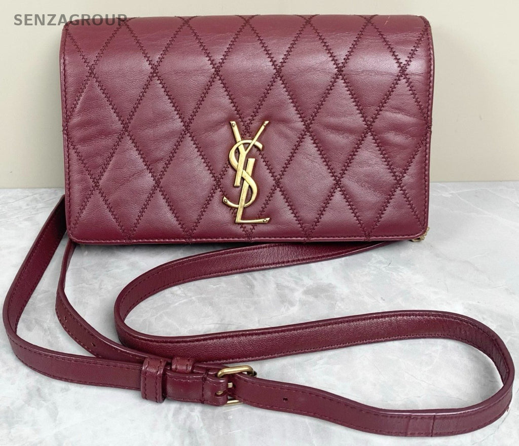 YSL Saint Laurent Diamond pattern Logo Shoulder bag Crossbody Wine Red Women