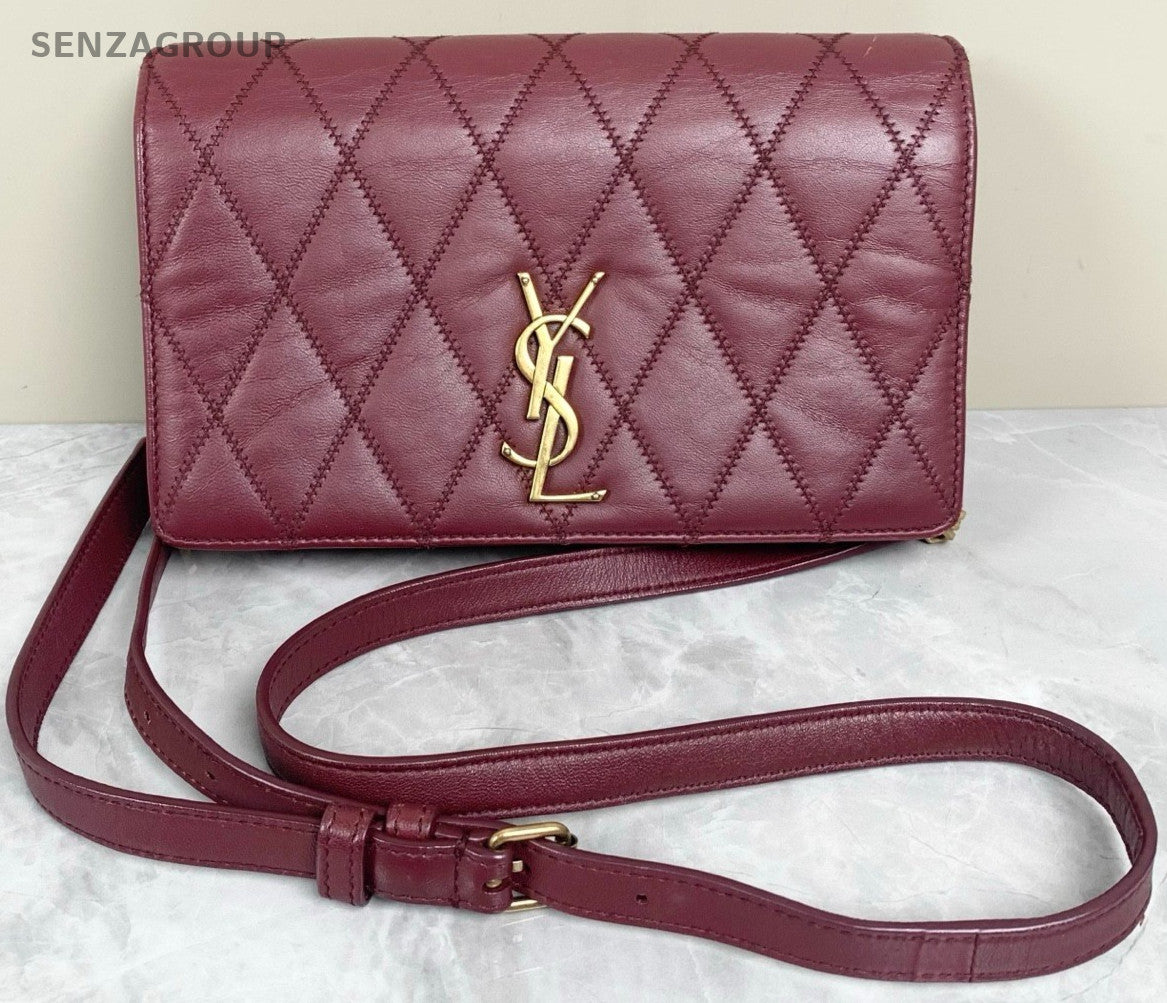 YSL Saint Laurent Diamond pattern Logo Shoulder bag Crossbody Wine Red Women