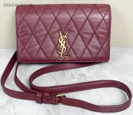 YSL Saint Laurent Diamond pattern Logo Shoulder bag Crossbody Wine Red Women
