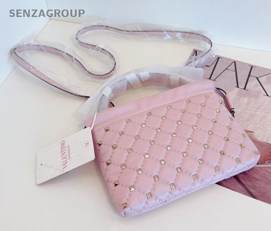 Valentino Riveted diamond pattern Top Handle Shoulder bag Pink Women Brand NEW