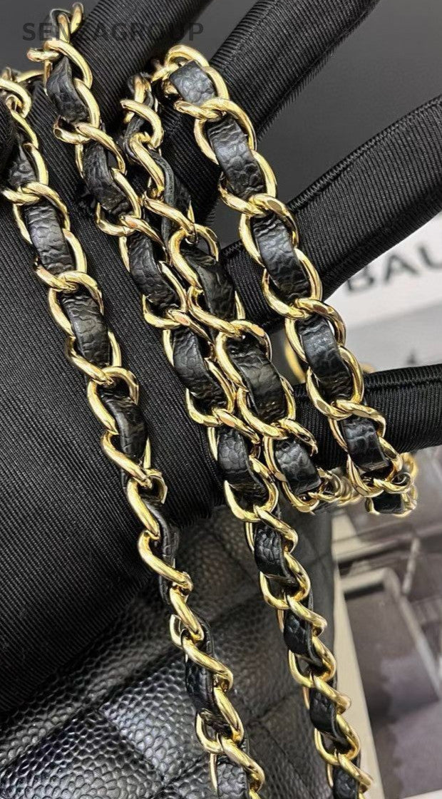 Chanel Classic Flap MM Calfskin Diamond Chain Shoulder Bag Black Gold Women