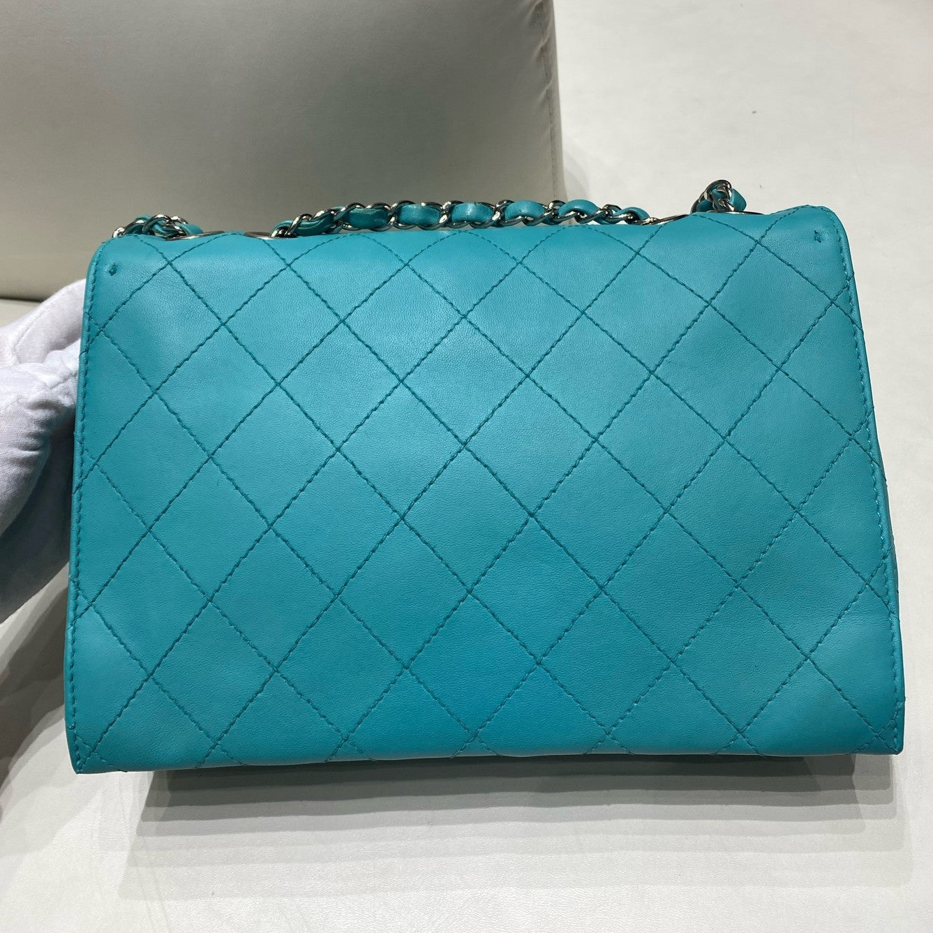 Chanel Classic Flap Quilted Chain Shoulder Bag Blue Silver