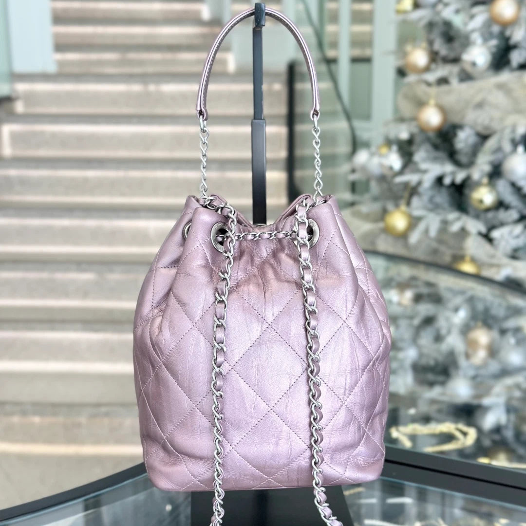 Chanel Calfskin Bucket Chain Shoulder Crossbody Bag Purple Silver Women S