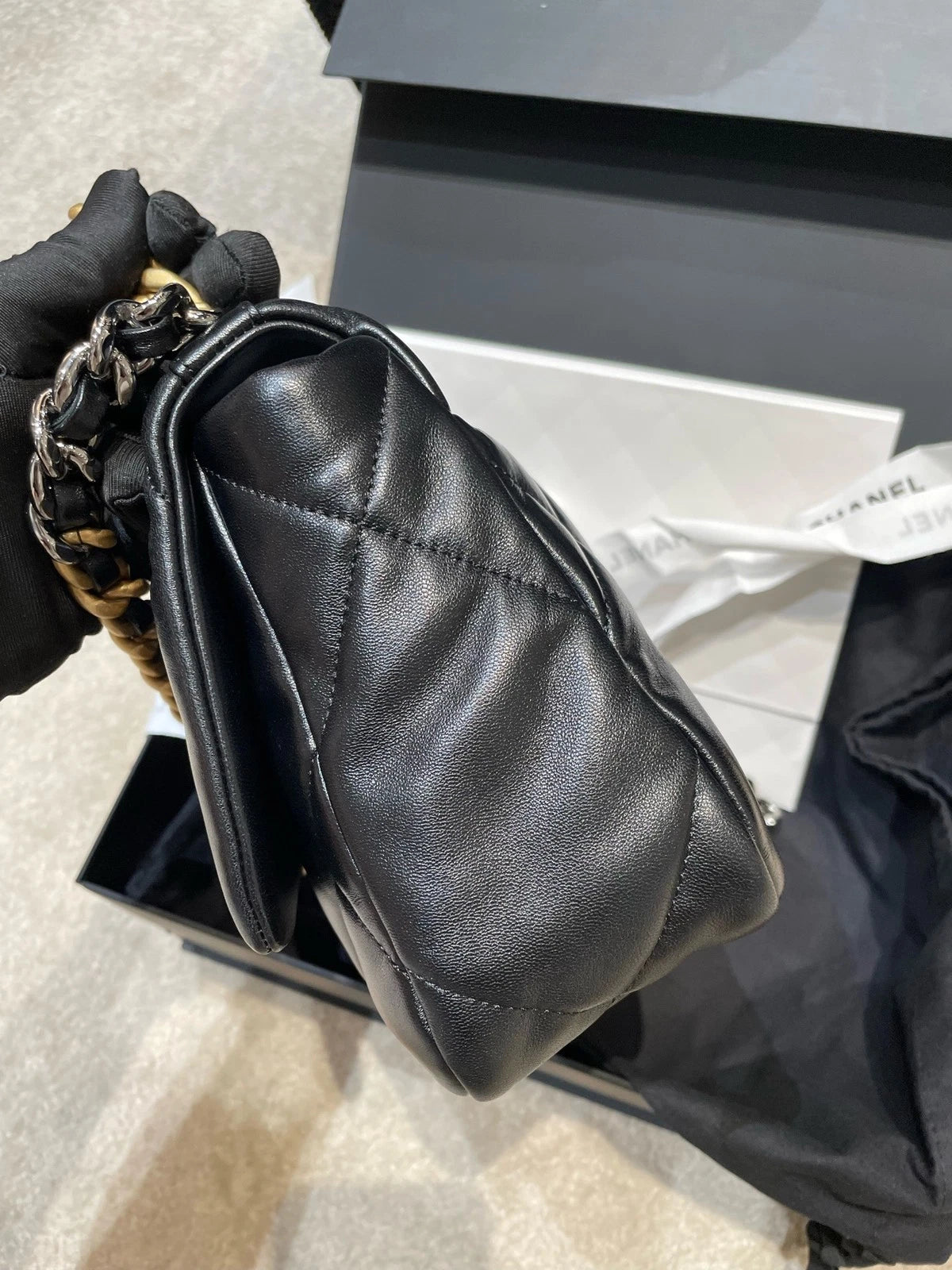 CHANEL 19 Black Gold Small Lambskin Shoulder Bag For Women