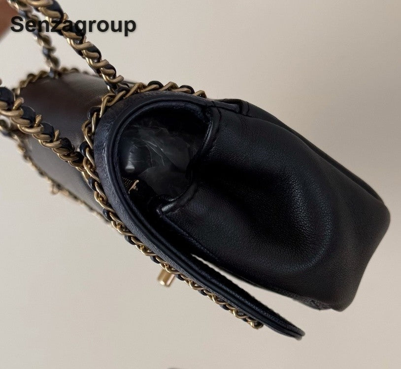 Chanel Around Flap Chain Shoulder Bag Black Gold Used Women Classic Designer