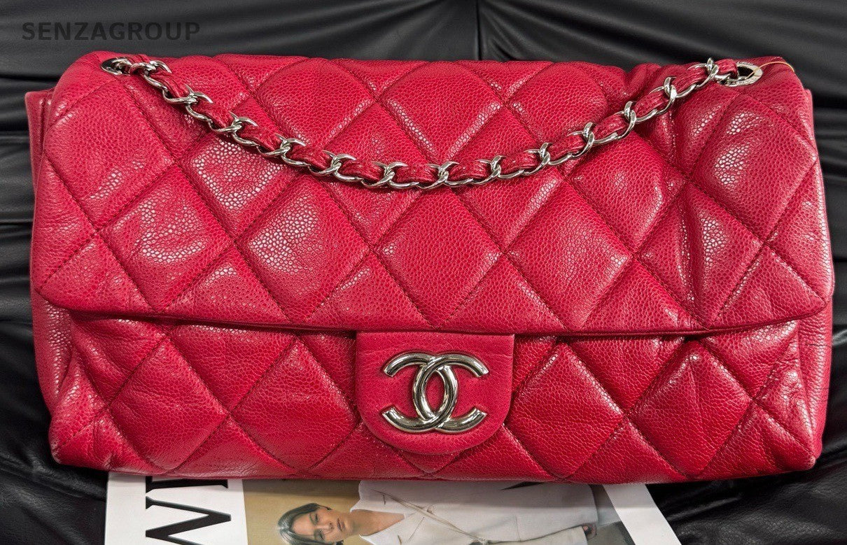 Chanel Classic Flap Jumbo Calfskin Chain Shoulder Bag Red Silver Women Classic