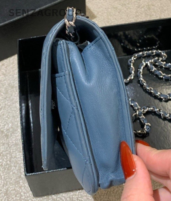 Chanel WOC Chain Lambskin Crossbody Blue Silver Used Women Classic