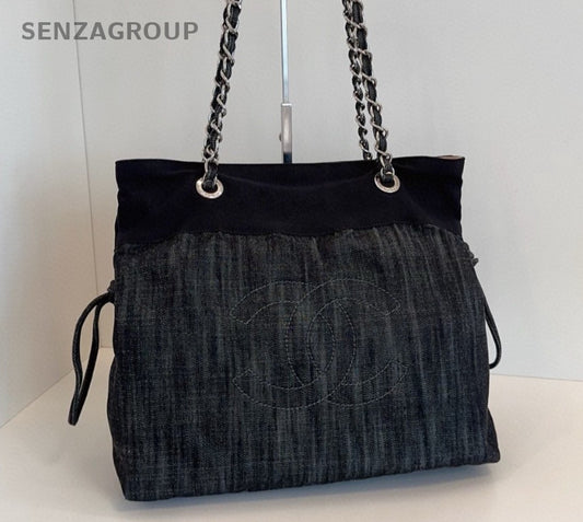 Chanel Denim Tote Chain Shoulder Bag Black Silver Used Women Classic