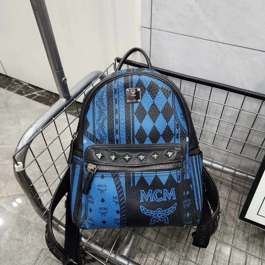MCM Canvas Coated Black Blue Graffiti Rivet Backpack for Women