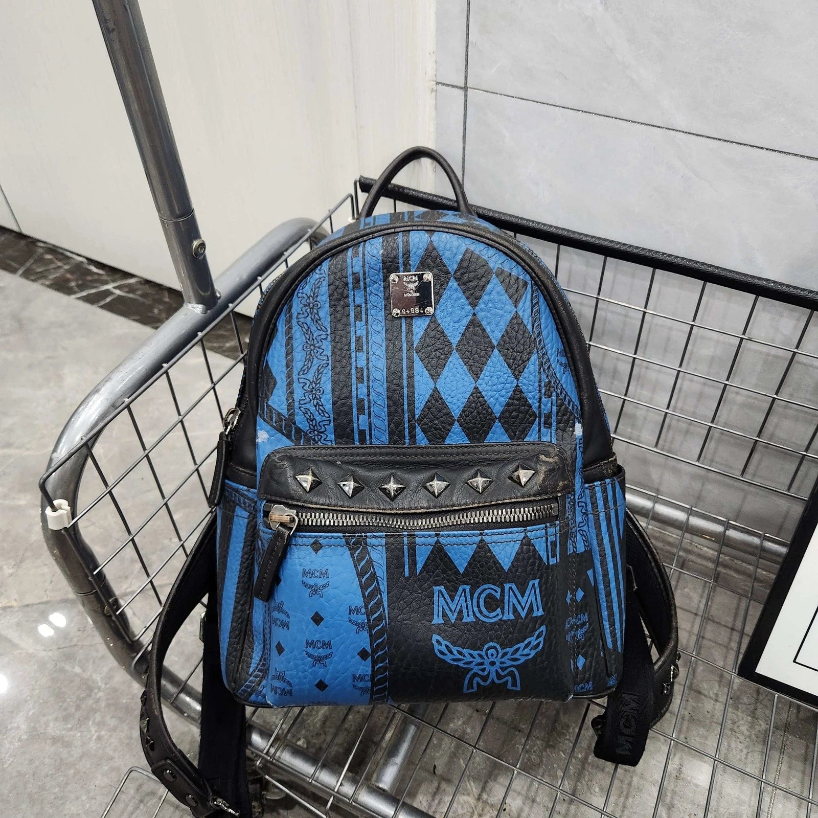 MCM Canvas Coated Black Blue Graffiti Rivet Backpack for Women