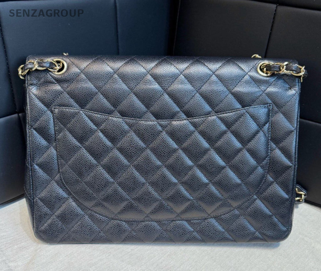 Chanel Classic Flap Chain Maxi Calfskin Diamond Shoulder Bag Black Gold Women