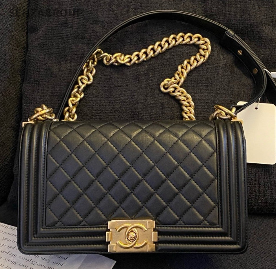 Chanel Leboy MM Calfskin Chain Shoulder Bag Crossbody Black Gold Women Classic