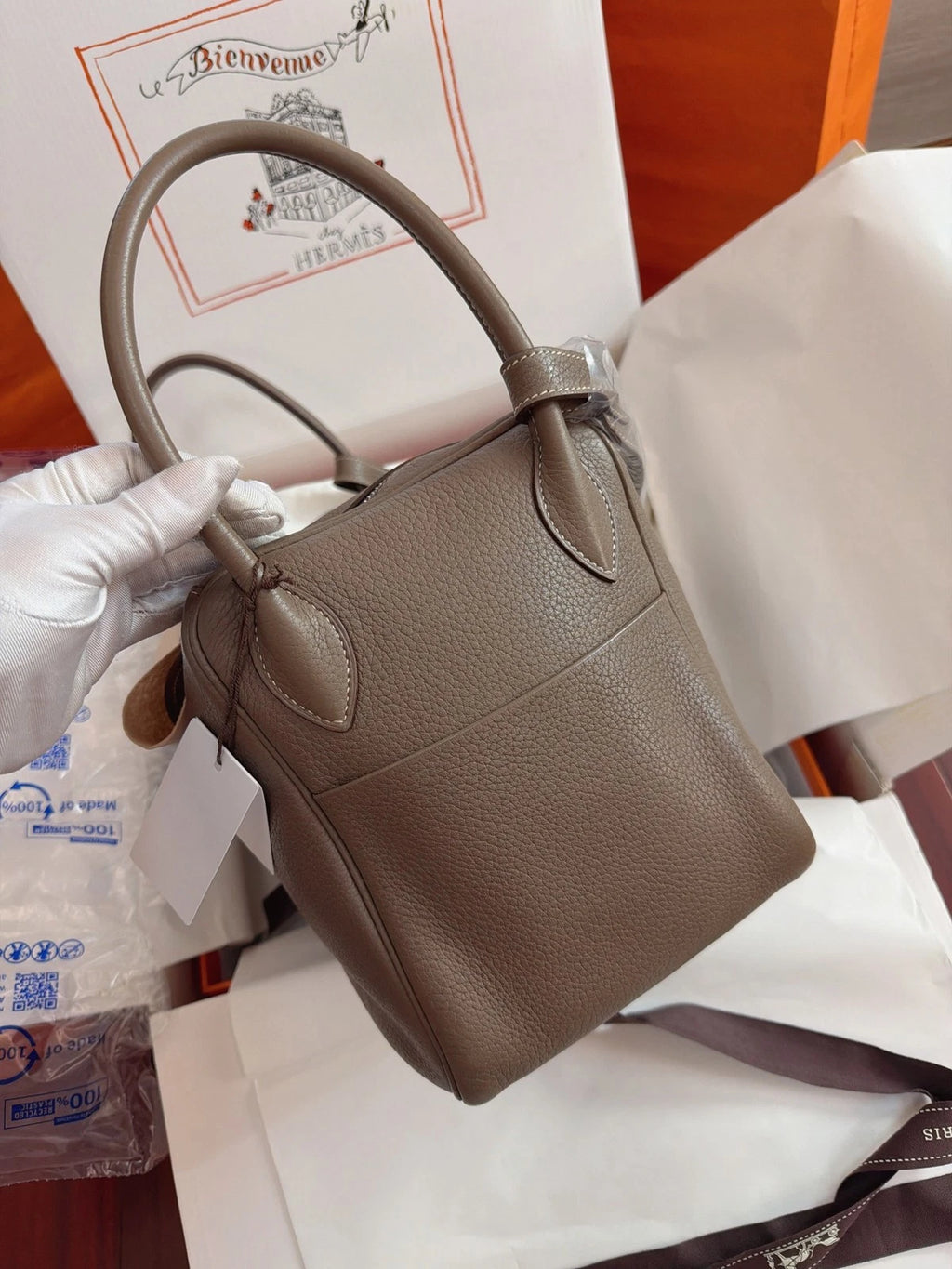 Hermes Lindy30 Togo Leather Top Handle Shoulder Bag Gray Silver Women Classic