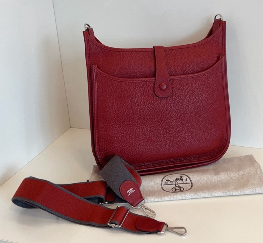 Hermes Evelyne GM Shoulder Bag Crossbody Red Silver Used Women Classic