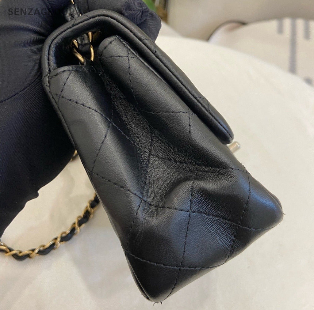 Chanel Classic Flap Lambskin Chain Black Gold Crossbody Shoulder Bag Used Women