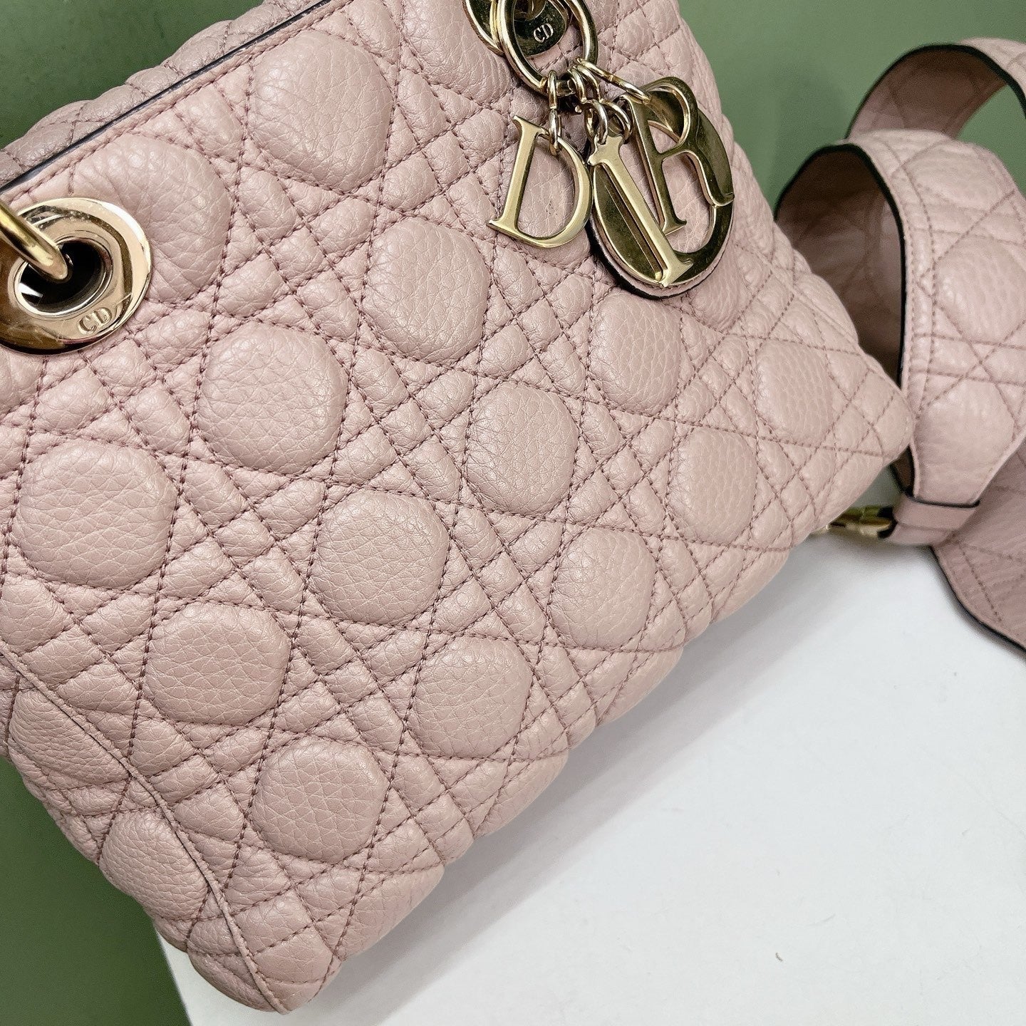 Christian Dior Lady Dior Cannage Top Handle Crossbody Pink Gold Women Classic