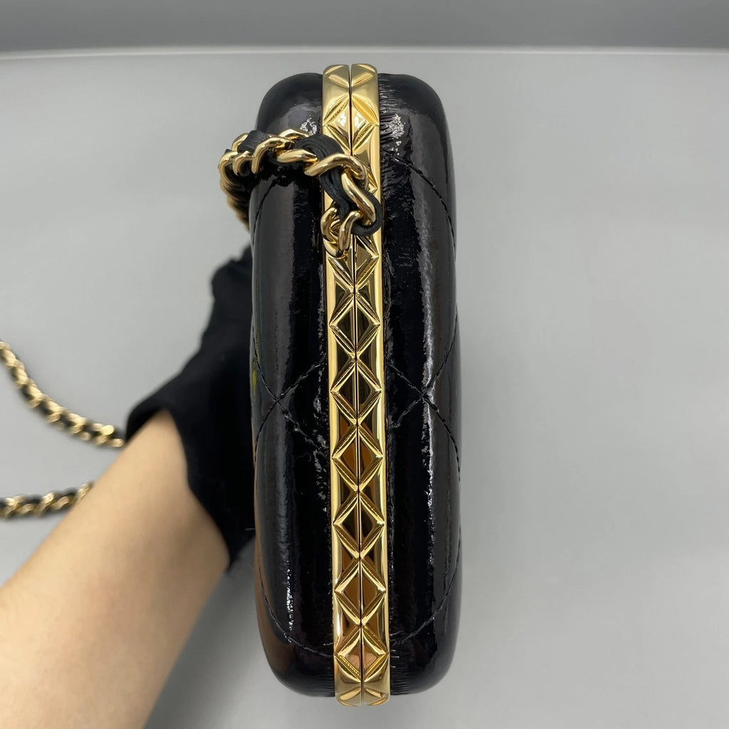Chanel Black Gold Patent Leather Clutch Bag For Women