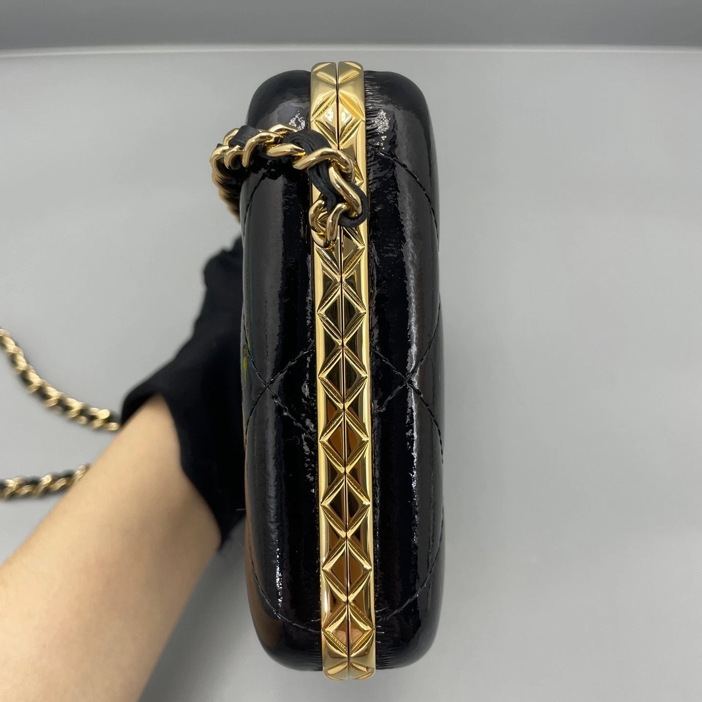 Chanel Black Gold Patent Leather Clutch Bag For Women
