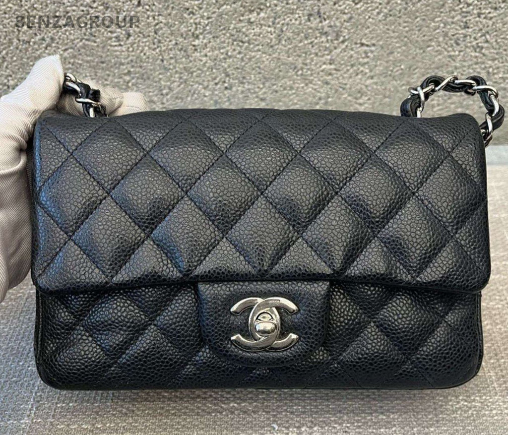 Chanel Classic Flap Mini Chain Shoulder Bag Crossbody Black Silver Women Fashion