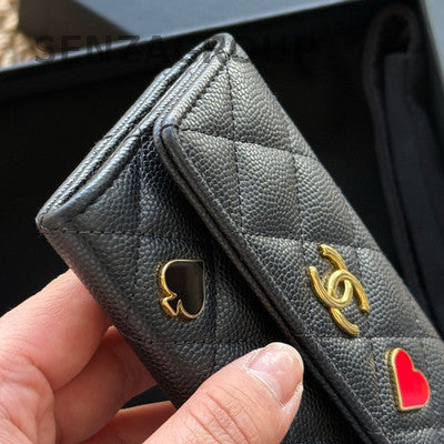 Chanel Black Gold Quilted Card Holder Clutch Classic Women's