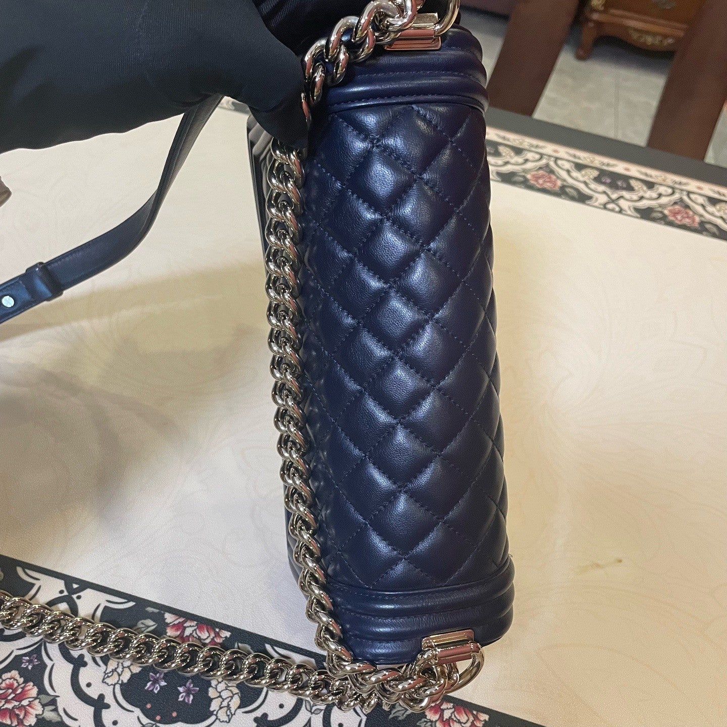 Chanel Leboy MM Lambskin Chain Shoulder Bag Crossbody Blue Gold Women Classic