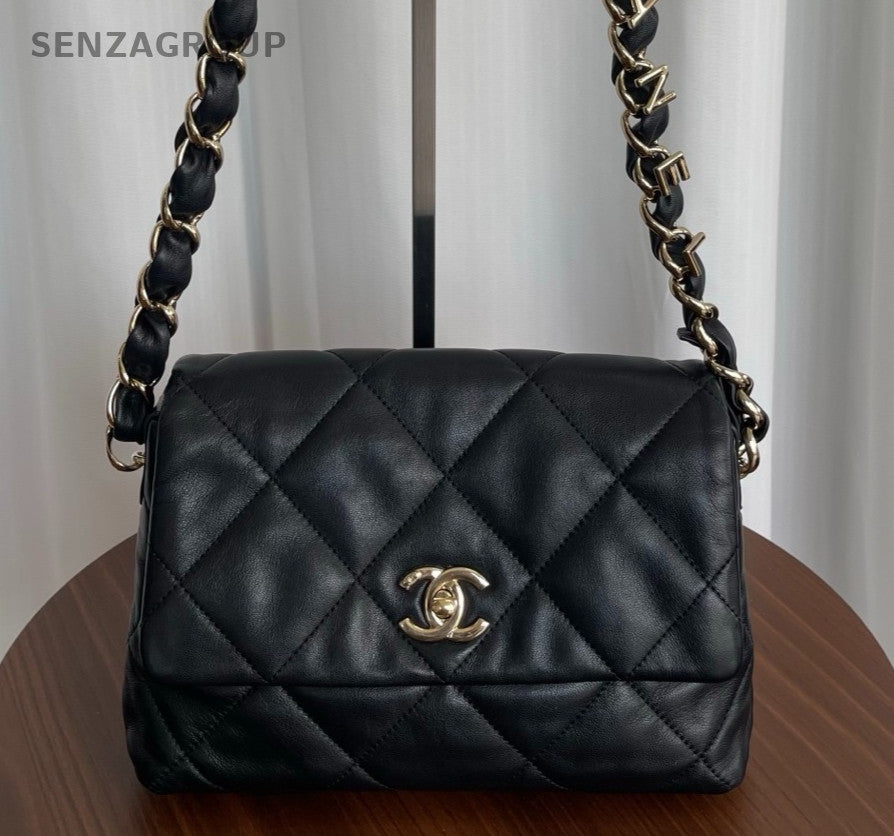 Chanel Diamond Chain Black Gold Shoulder Bag Used Women Classic Fashion