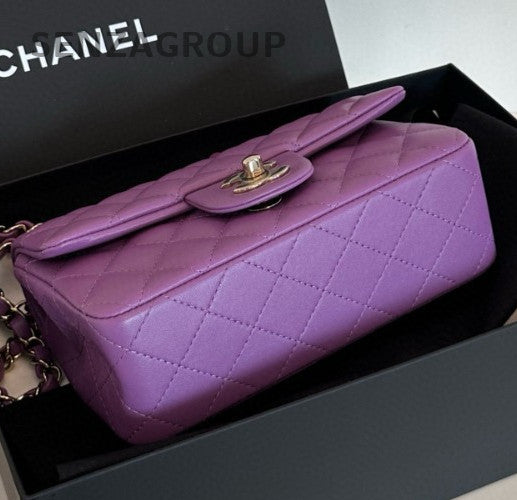 Chanel Classic Flap Mini Chain Shoulder Bag Purple Gold Women Diamond Fashion
