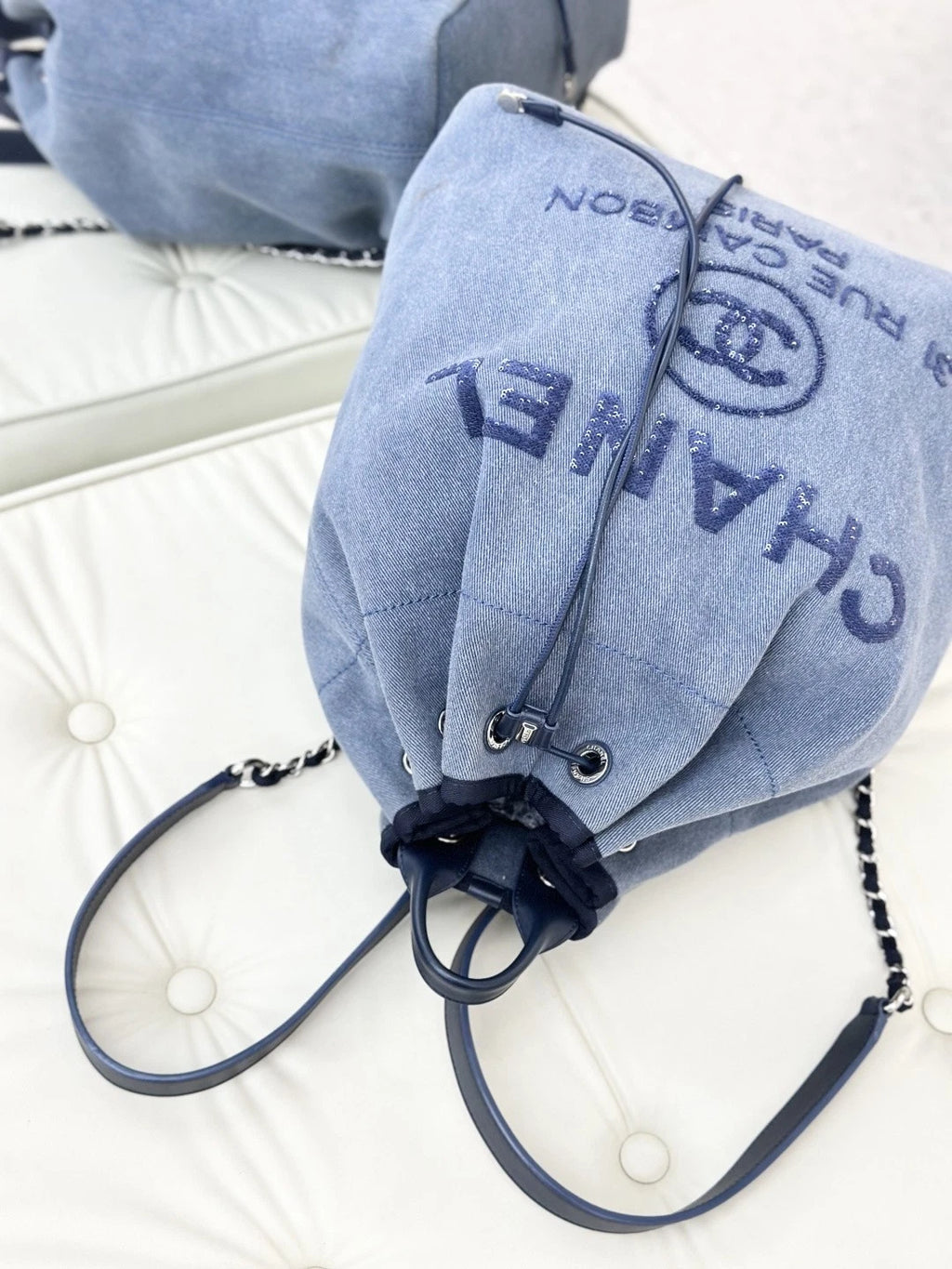 Chanel Denim GM Backpack Navy Blue Silver Used Women Classic