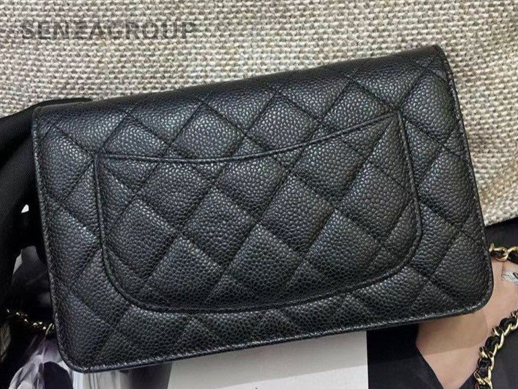 Chanel WOC Chain Diamond Shoulder Bag Black Gold Women Classic