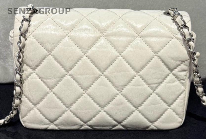 Chanel Classic Flap Chain 2Way Shoulder Bag Crossbody White Silver Diamond