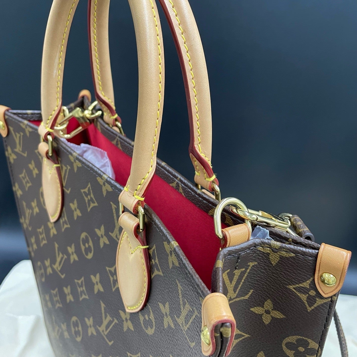 Louis Vuitton Monogram Tote GM Top Handle Crossbody Brown Gold Women Classic
