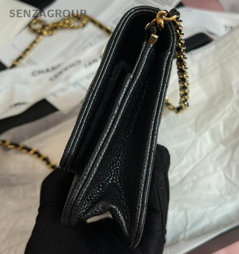 Chanel WOC Chain Calfskin Crossbody Shoulder Bag Black Gold Women Classic