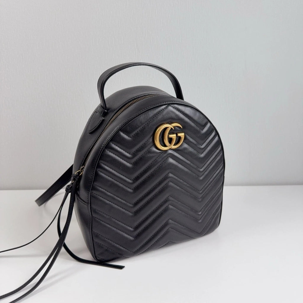 GUCCI Marmont Double G Black Gold Leather Backpack Handbag For Women