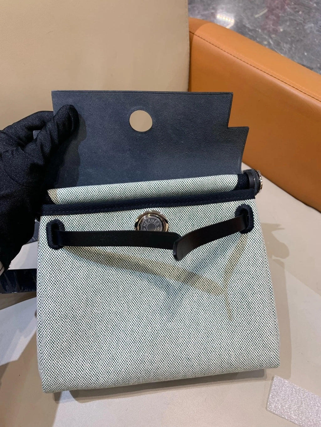 Hermes Mini Herbag Black Green Canvas Shoulder Bag For Women