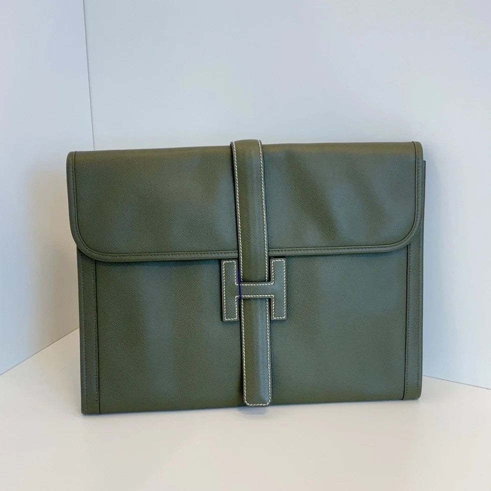 Hermes Jige Clutch Epsom Green H-Style Flap Closure Unisex Fashion