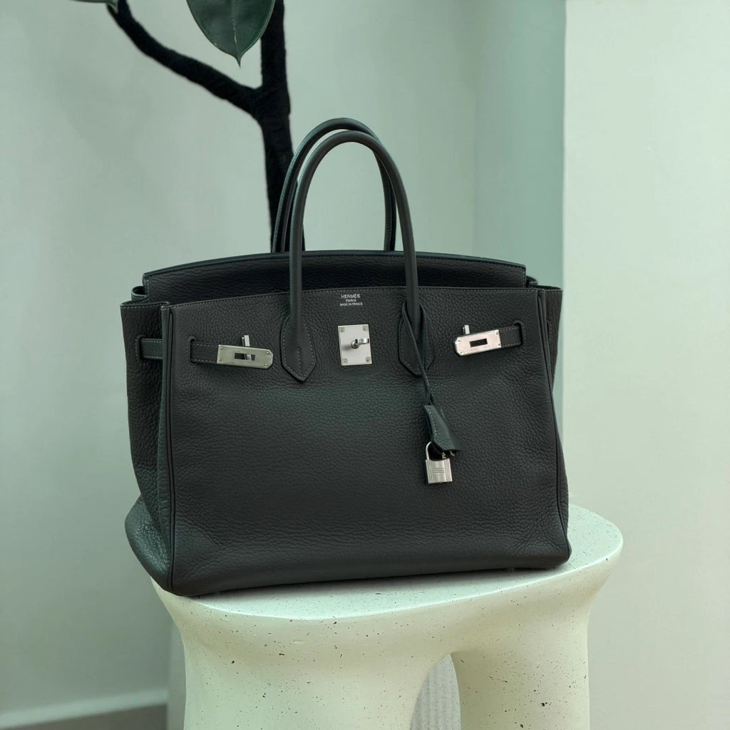 Authentic Hermes Birkin 35 Tote Top Handle Bag Grey Silver Hardware