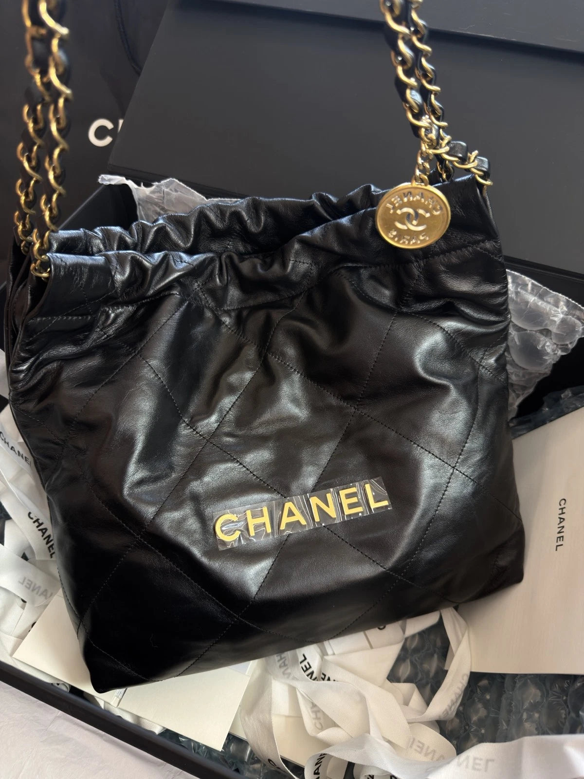 Excellent Chanel 22Bag PM Calfskin Gold Chain Black Shoulder Bag Crossbody