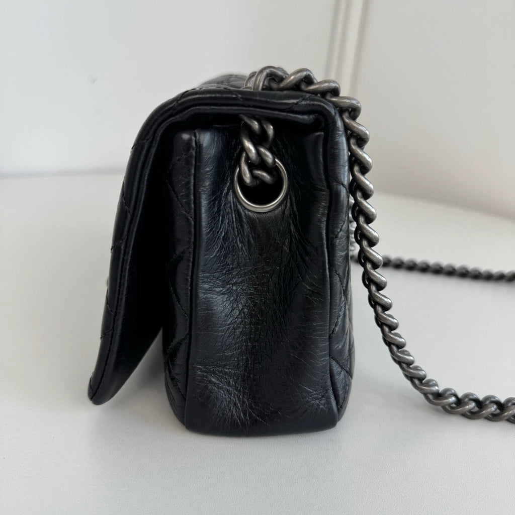 Chanel Classic Flap Cambon Chain Shoulder Bag Black Silver Women Diamond