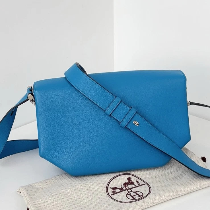 Excellent Hermes Opli24 Messenger Bag Blue Shoulder Bag Silver Hardware