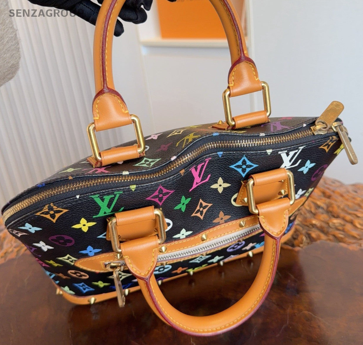 Louis Vuitton Alma Black Multicolor Monogram Top Handle Bag Gold Women Classic