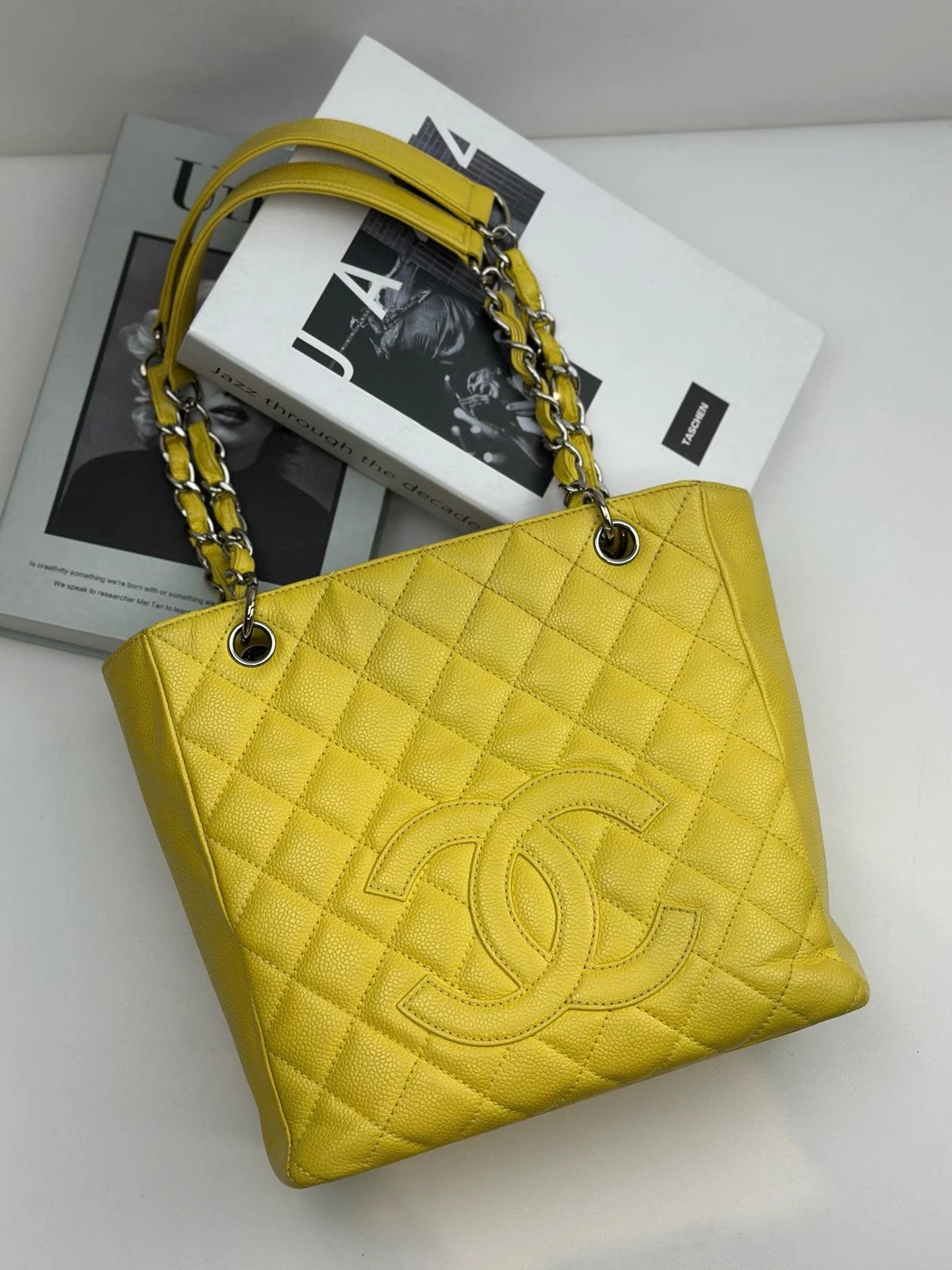 Authentic Chanel GST PM Silver Hardware Chain Yellow Tote Shoulder Bag Diamond