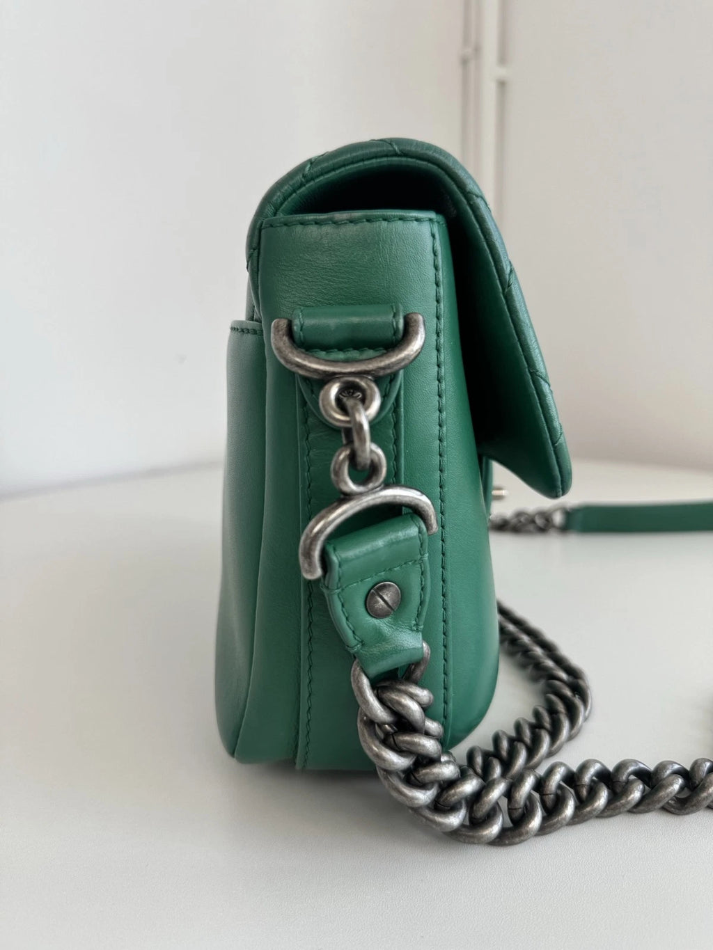 Chanel Classic Flap Calfskin Chain Shoulder Bag Crossbody Green Silver Women