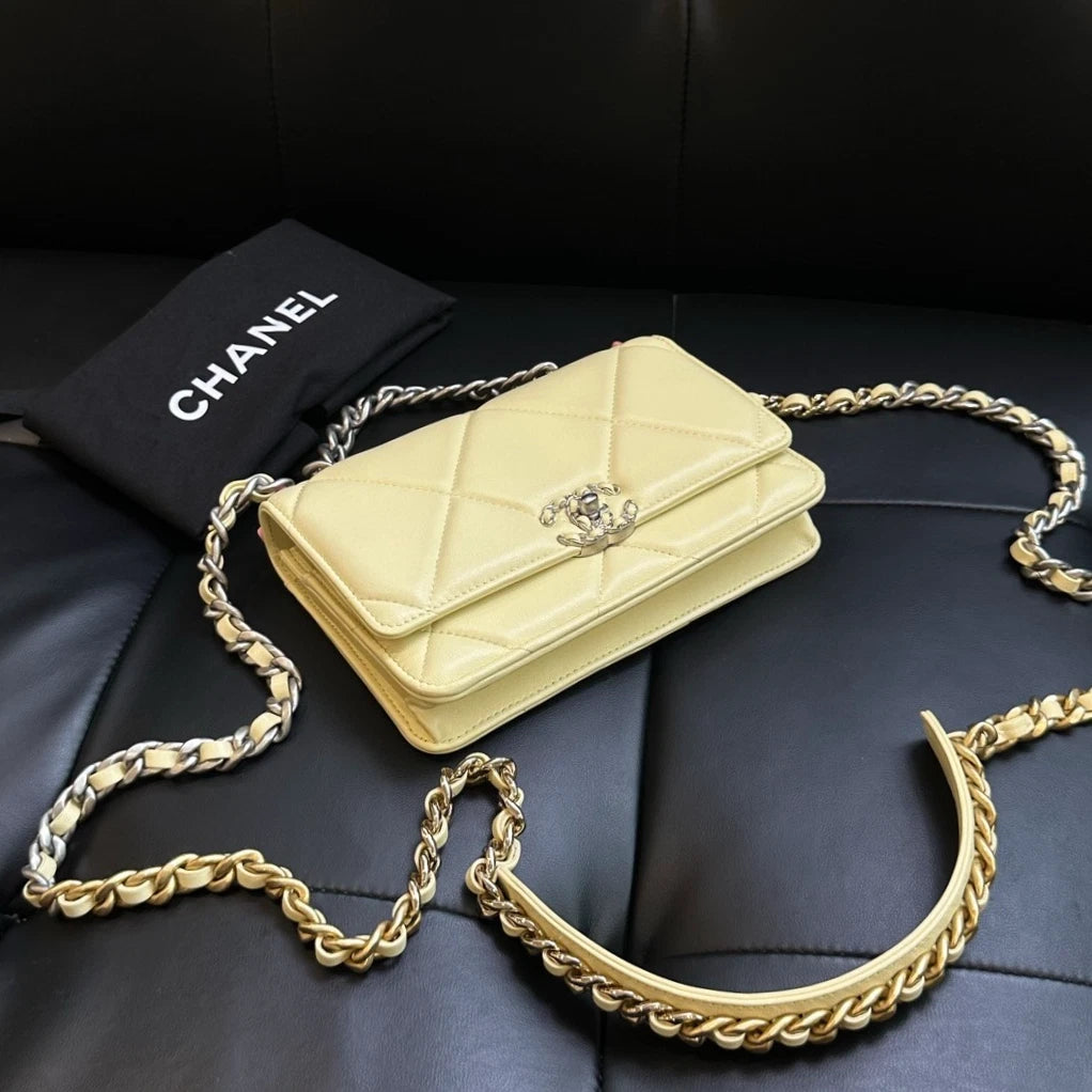 Chanel 19Bag WOC Chain Shoulder Bag Crossbody Yellow Silver Women Classic