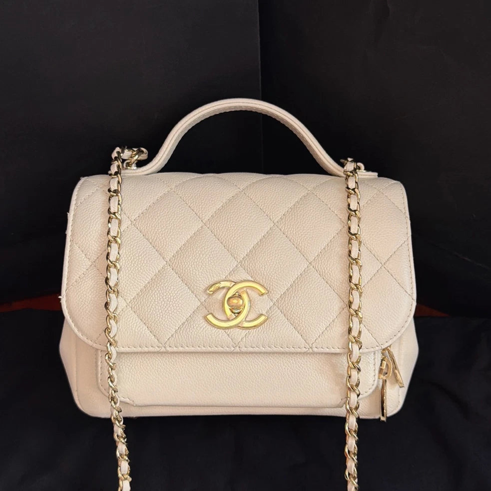 Excellent Chanel Affinity PM White Top Handle Bag Gold Chain Crossbody Diamond